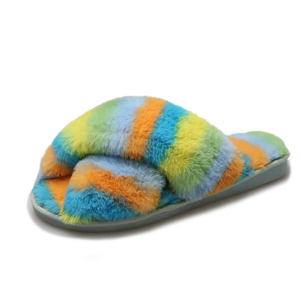 Winter Flat Shoes Warm Multicolor Faux Fur Indoor Slippers Cross Plush Open Toe Female Fluffy Slippers For Women