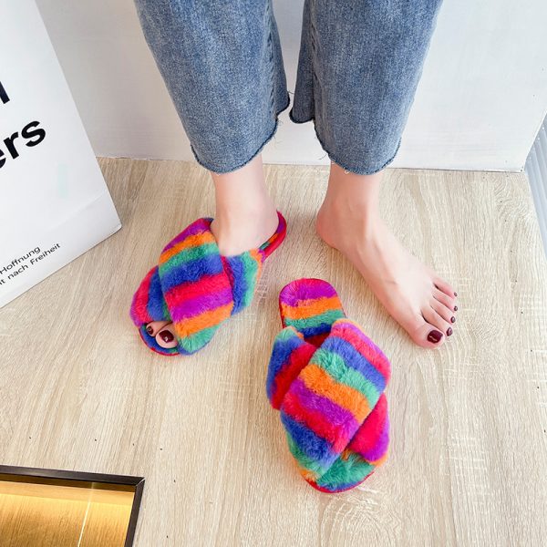 Winter Flat Shoes Warm Multicolor Faux Fur Indoor Slippers Cross Plush Open Toe Female Fluffy Slippers For Women