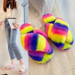Winter Flat Shoes Warm Multicolor Faux Fur Indoor Slippers Cross Plush Open Toe Female Fluffy Slippers For Women