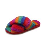 Winter Flat Shoes Warm Multicolor Faux Fur Indoor Slippers Cross Plush Open Toe Female Fluffy Slippers For Women