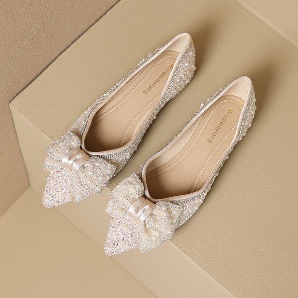 Bowknot sweet ladies shoes pearl decoration slip on single shoes rhinestone flat shoes ladies