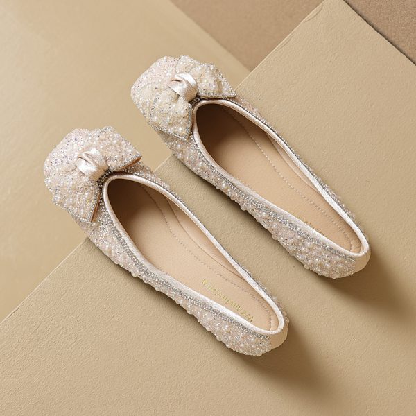 Bowknot sweet ladies shoes pearl decoration slip on single shoes rhinestone flat shoes ladies