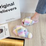 Winter Flat Shoes Warm Multicolor Faux Fur Indoor Slippers Cross Plush Open Toe Female Fluffy Slippers For Women
