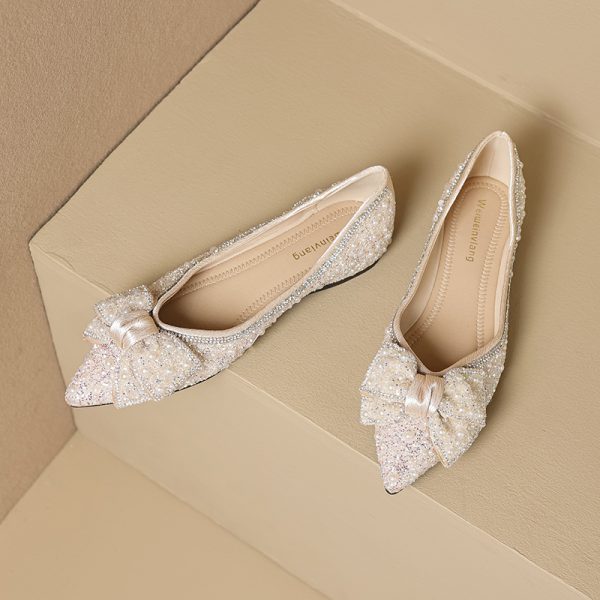 Bowknot sweet ladies shoes pearl decoration slip on single shoes rhinestone flat shoes ladies